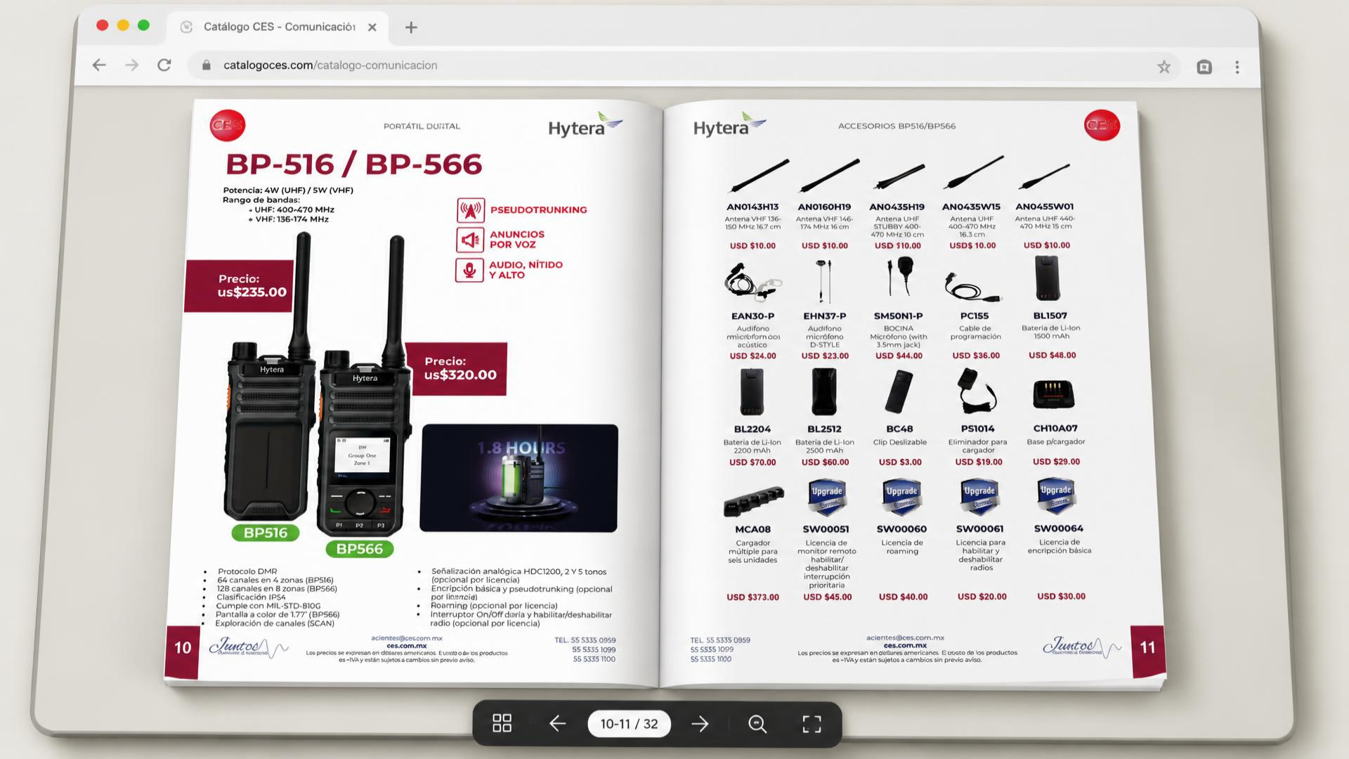 Doble página de catálogo de productos de comunicación Hytera, con precios y especificaciones
